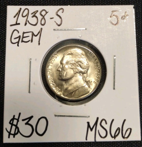 1938_S MS66 Gem Mint State Jefferson Nickel.