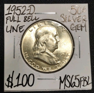 1952-D MS65FBL Full Bell Line Silver Franklin Half Dollar