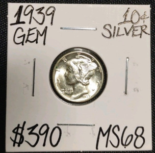 1939 MS68 Gem Silver Mercury Dime
