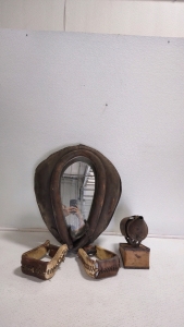 Vintage Horse Sandle Mirror, (2) Vintage Stirrups Natural Leather & (1) Vintage Smoker Beeskeeper Blower