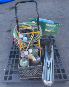An Assortment Of PVC Pipe Connectors (1) Oxyacetylene Torch (1) Folding Steel Sawhorse & More
