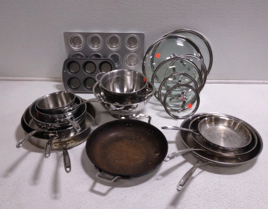 Assorted Sauce Pan/ Pans w/ Lids, (2) Strainers & (3) Cupcake Pans