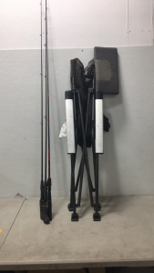 (3) Fly fishing poles (1) Osark Trail camping chair