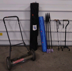 Great States Push Mower, Thick Blue Pool Noodle, E-Z Up Instant Shelter (Sprint Model) & (2) Walking Canes