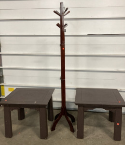(2) Brown Painted Side Tables, (1) Wood Coat Rack