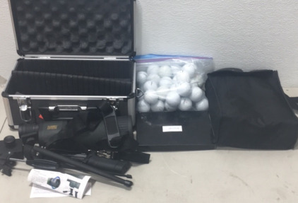 (1) 32 golf balls (1) Husky Knife & Multi tools est (1) Barska 12-36x70 Gladiator Binoculars (1) Rugged Exposure Spotter DFS Scope