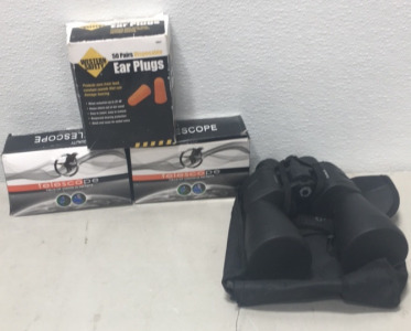 (1) Barska 10-30x60 Gladiator zoom binoculars (2) Telescope Field of vision (1) Western Safety 50 Paris Disposable Ear Plugs