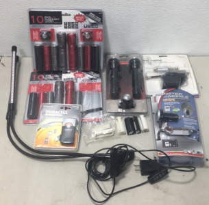 (2) 10 Pack Led Flashlight Combo (1) Monster Mobile Car Stereo Wireless FM Transmitter (1) In-Signal Amplifier (1) Tactical Flashlight & Headlamp Combo (1) Duracell Rechargeable Pocket USB Charger (1) Gardguard desk lamp