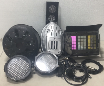 (1) Chauvet DJ Elan Light (2) DJ Mega Par Profile LED Color Light (1) Chauvet DJ Bank RGBA 1led Sounr Active Lightweight Light Strip (1) DJ Color-Pod-250 MoonFlower Effect Light (1) microphone