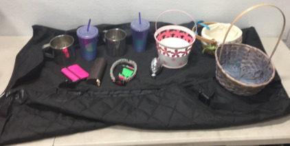 (3) Baskets (2) new Starbucks Cups (2) WildBills soba Pop Cups (1) Car Dog Seat protector (1) Shower head (1) Sunglasses