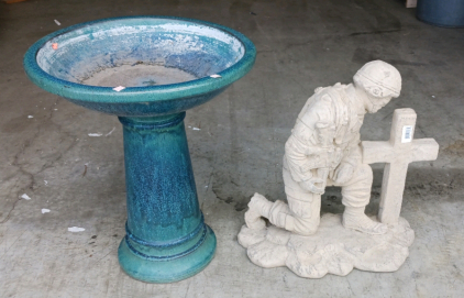 Bird Bath 24" and Kneeling Soldier Stone Statue 22"