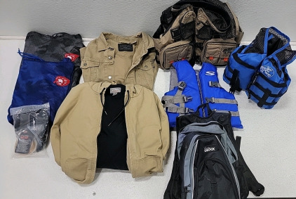 (2) XL fishing hooded shirts, XXL Levi Strauss button up jacket, XL Wasatch Outdoor zip up coat, (2) life jackets, Bass Pro tackle jacket, used Team GLock Backpack