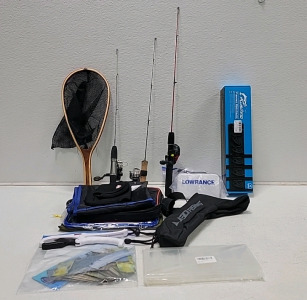 Lawrence Hooks fish finder, (3) Ice fishing Rods and reels, assorted fishing pole bags, and a brand new fishing rod rack