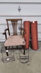 Wide solid wood seat chair, (2) long shaped decorative pillows and (2) hanging shelves
