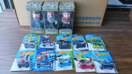 3)Duck Dynasty Bobble-Heads, and (10) Assorted Year Hot Wheels
