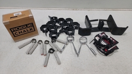 Rogue monster J cups, (10)rogue barbell collars, case of rogue lifting chalk, RX speed jump rope replacement (no handles), captains of crush progressive grip trainers