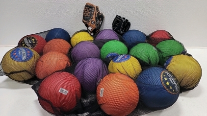 (24) multicolored playground balls, (2) baseball mitts