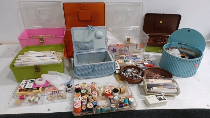 (1) Singer Sewing Machine Parts (1) Sears Electric Scissors (1) Sewing Thread & Accessories (1) Sewing Buttons (2) Empty Carring Cases