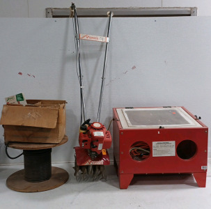 (1) "Central Pneumatic" Abrasive Blast Cabinet w/ Light w/ Connecting Power Cable & Tips/Accessories (1) Mantis RotoTiller / Model #7222M w/ Mantis Tiller Parts Box (1) Spool of Coaxial Cable reads "International Electronic W&C 9086"