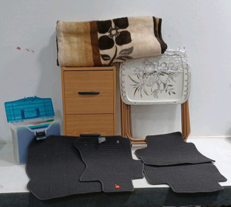 (1) Filing Cabinet (4) TV Dinner Trays (1) Filing Storage Container w/ File Folders (4) Car Mats (1) Big Fluffy Blanket w/ Flower Print