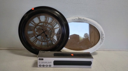 18" Sound Bar, 20"x20"Roman Numeral (Black) Clock & 22"x17" (White) Picture Frame
