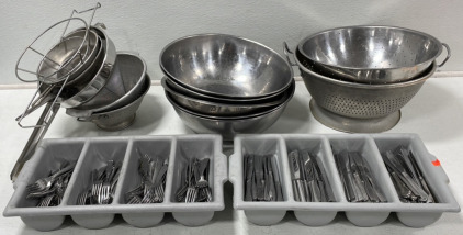 Assorted Kitchenware! Big Bowls, Strainers, Cone Strainers, Silverware & More!