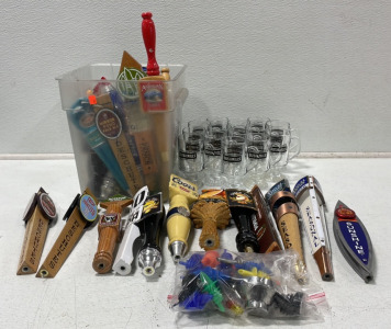 Assorted Bar Tap Handles & Bushmills Glass Cups