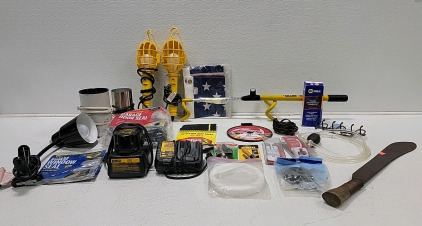 The Club Steering Wheel Lock (2) Hanging Shop Lights (1) DeWalt Battery Charger W/Battery (1) DeWalt Charger WO/ Battery & Much More