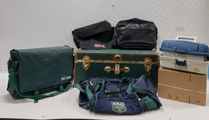 Large Wooden Trunk (2) Laptop Bags (1) Large Zip Up Travel Bag & Large Fishing Bag