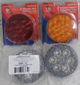 (1) 9 LED 4" Round Red Stop/Tail/Turn (1) 15 LED 4" Round Amber Park/Front Turn (2) 4" Round LED Light Only