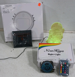 (1) JallenGabor Robot Cleaning Vacuum (1) New Hiya Night Light R2-D2 (1) Sungale 3.5in Digital Photo Frame