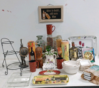 (2) Tabletop Decor (3) Coffee Cups (4) Decorative Noodle Glass Containers (1) Set Of Mixing Bowls (ceramic) (1) Set of Fluted Square Dishes (1) Wall Decor Piece (1) Glass Casserole Dish (3) Ingredient Holder Containers (ceramic) and more!