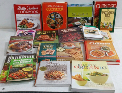 (1) Large Assorted Cookbooks (1) Bartender Bible (1) Meat Cookbook (1) Alaska Ulu Kitchen Set (orginal packaging)