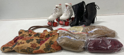 (4) Wigs, Unknown Size High Heels, (Size 8) Women&rsquo;s Roller Skates, & Women&rsquo;s Purse