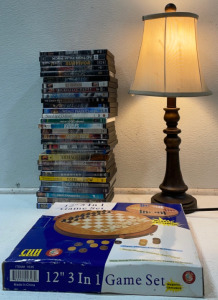 Table Lamp, (30) DVDs, &(12”) 3-In-1 Game Set