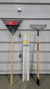 (4) Craftsman's Yard Rakes, (4) White Light Filtering Blinds