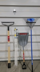 (2) new Craftsman yard rake, (1) new Kobalt yard rake, (1) new Craftsman shovel, (1) white light filtering paper shade, (1) black room darkening paper shade