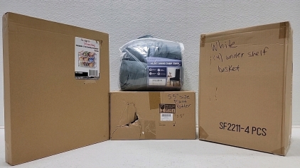 Stackable (3) tier can rack organizer, (6) blue velvet dining chair covers, (4) white under shelves basket, (5.5") plant pot