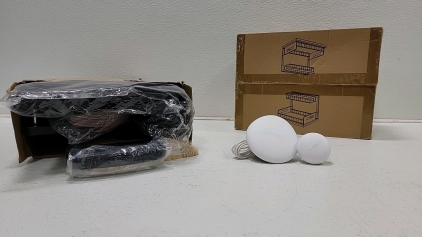 (2) pocket bowling ball bag on wheels, Kirsh internet range extender, (2) sliding (2) tier siding under sink shelves