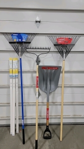 New yard rakes, shovel, (3) white paper shades