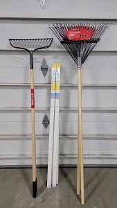 (4) assorted Craftsman new yard rakes, (4) white paper shades