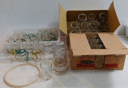 (27) Mason Jars (19) Milk Bottle Jars (1) Assorted Ribbon (1) Brand New Embroidery Round
