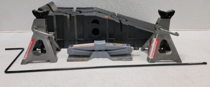 (2) Rhino Vehicle Ramps, Hydraulic Scissor Jack & Set Of Jack Stands