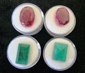 (2) Rectangular Cut Brazilian Emeralds, (2) Rounds Cut Madagascar Rubies