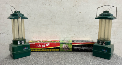 Camouflage Hunting Kennel & (2) Ray-o-vac Sportsman 360 Fluorescent Lanterns