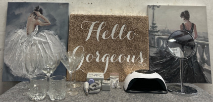 Wall Pictures, Nail Supplies, Wine Glasses, And Mirror