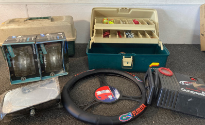 Headlights, Air Compressor, Mirror Attachment, & Tackle Boxes With Bait Inside