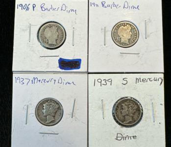 1906-P & 1911 Barber Dimes Plus 1937 & 1939-S Mercury Dimes (Unverified)