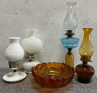 Antique Decor: (2) Electric Lamps, (2) Hurricane Oil Lamps & Amber Bowl