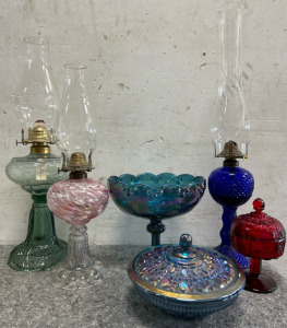 Antique Decor: (3) Glass Hurricane Oil Lamps